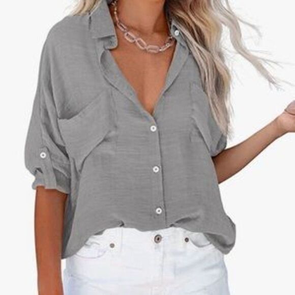 New Casual Roll Up Sleeves Button Down Shirt - Picture 2 of 5